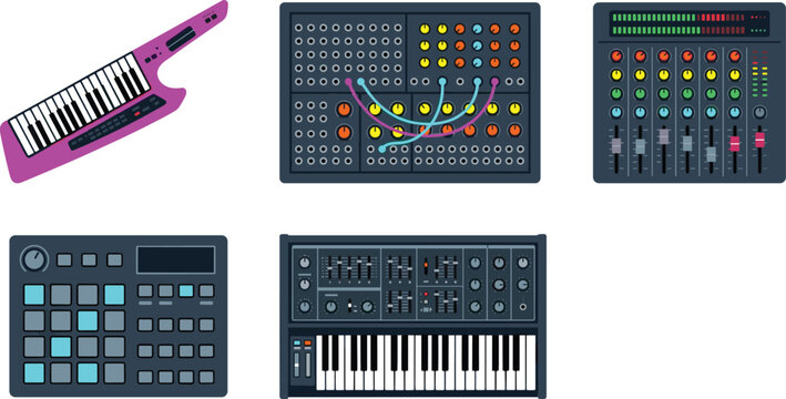 Electronic Music Production Vector Set Featuring Keytar Modular Synthesizer Audio Mixer Drum Pad and Analog Keyboard Icons