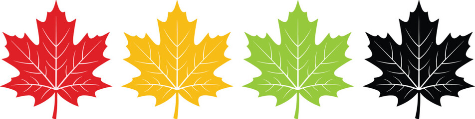 Fototapeta premium Four stylized maple leaves in black green yellow and red against a white background symbolizing seasons and change