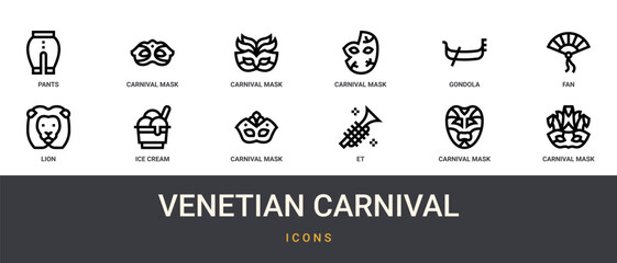 Set of 12 outline web Venetian Carnival icons such as carnival mask, carnival mask, et, carnival mask, ice cream, lion, fan vector icons for report, presentation, diagram, web design, mobile app © Charlotte