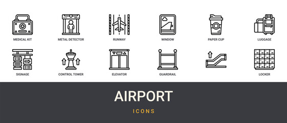 Set of 12 outline web Airport icons such as locker, or, guardrail, elevator, control tower, signage from airport collection, luggage vector icons for report, presentation, diagram, web design, © Charlotte
