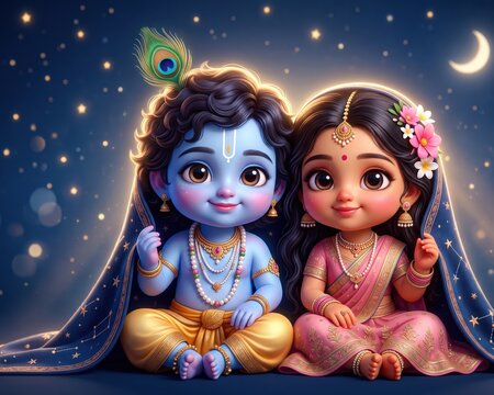 Baby Radha Krishna Starry Night | Cozy Chibi Divine Wallpaper