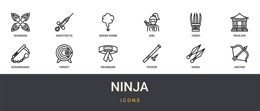 Set of 12 outline web Ninja icons such as archer, kunai, poison, headband, target, kusarigama, pavilion vector icons for report, presentation, diagram, web design, mobile app
