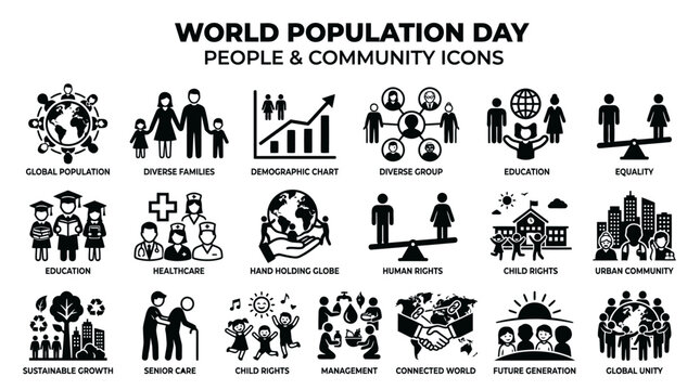 World Population Day icons depict diverse people community and global issues.