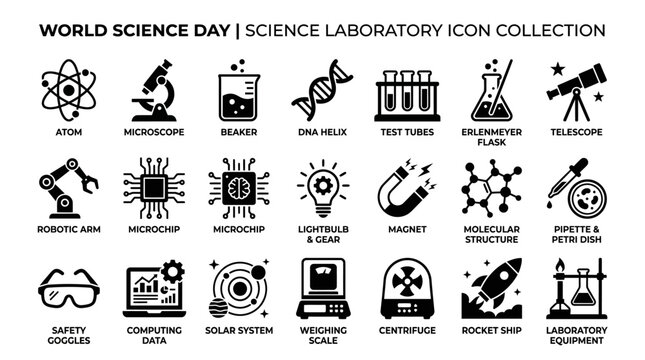 Science laboratory icons showcase various equipment on World Science Day for educational purposes and research.