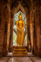 Fototapeta premium Golden standing Buddha statue in Thaway Net posture for Sunday birthday inside ancient brick arch