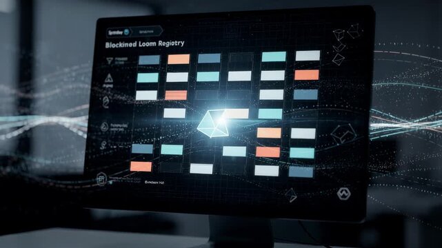 Medium shot of a darkthemed blockchain loan registry screen with sharp tokenized loan entries in focus blurred background highlighting secure ledger elements and data flow.