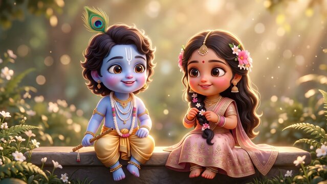 Baby Radha Krishna Garden Melody | Flute and Flowers Divine Art