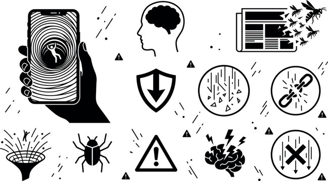 Doomscrolling Mental Health Risks and Internet Addiction Vector Icon Set Featuring Smartphone Vortex Swarming News Swell Broken Chain Link and Brain Under Stress