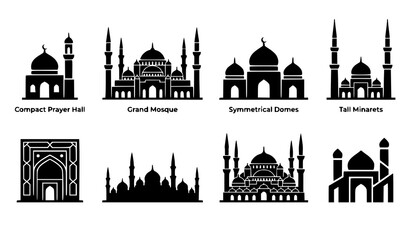 Islamic Mosque Silhouette Icon Set with Grand Prayer Halls, Symmetrical Domes, Tall Minarets, and Traditional Arabic Archway Gates for Ramadan Graphic Designs © Abdul