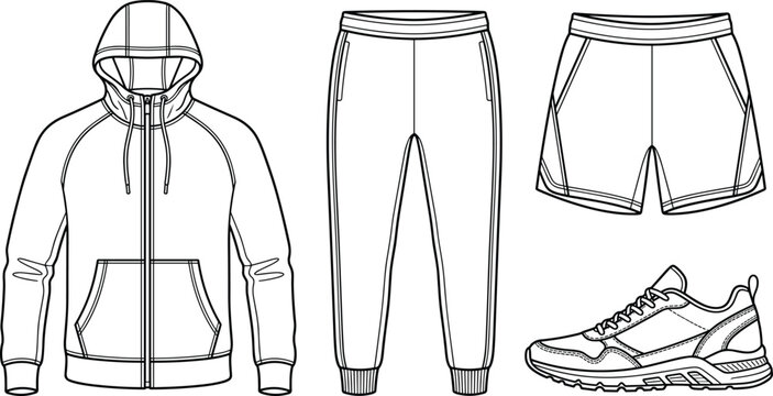 Men Sportswear Apparel Fashion Flat Sketch Set Featuring Zip Up Hoodie, Sweatpants, Athletic Shorts, and Sneaker Running Shoe Vectors