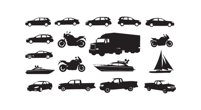 Multiple vehicle types in silhouette including cars motorcycles boats trucks and sailboat on white background.