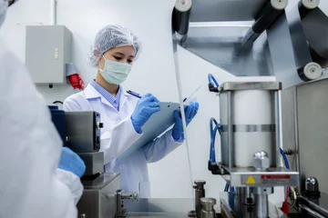 Fotobehang Apotheek Female quality control inspector holding clipboard checking automated manufacturing machinery. Concept of industrial safety standard regulations in food or pharmaceutical plant, quality control.  © KL 1981