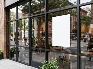 Fototapeta premium Blank Vertical Poster Mockup on Modern Café Glass Window With Urban Reflections, Brick Exterior and Softly Visible Restaurant Interior