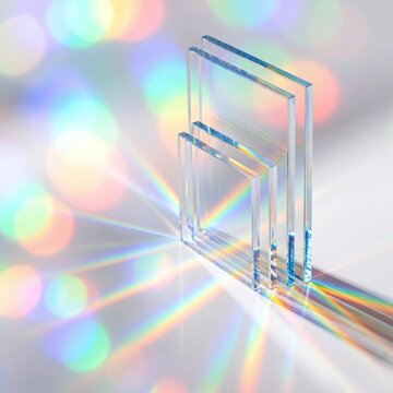 Stack of transparent glass rectangles with rainbow light refraction and bokeh background