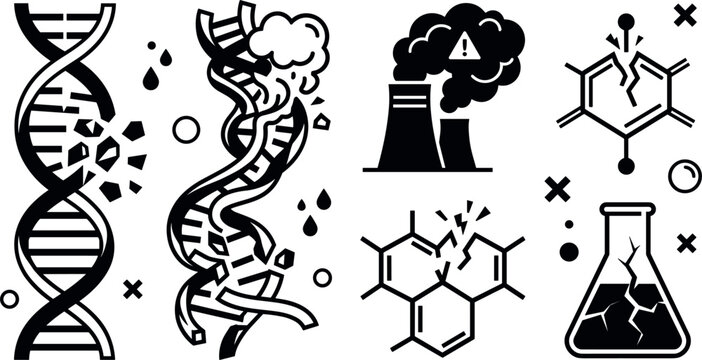 Genetic Mutation and Chemical Toxicity Vector Icon Set Featuring Damaged DNA Strands Industrial Pollution Factory Smoke Stack Cracked Molecules and Broken Laboratory Beaker