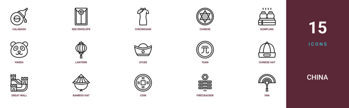 Set of 15 outline web China icons such as fan, firecracker, coin, bamboo hat, great wall of china, chinese hat, Yuan vector icons for report, presentation, diagram, web design, mobile app