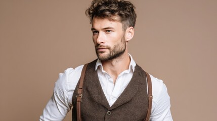 Fototapeta premium Portrait of a young man wearing a tailored brown wool vest over a crisp white shirt with vintage suspenders, warm beige background, refined heritage