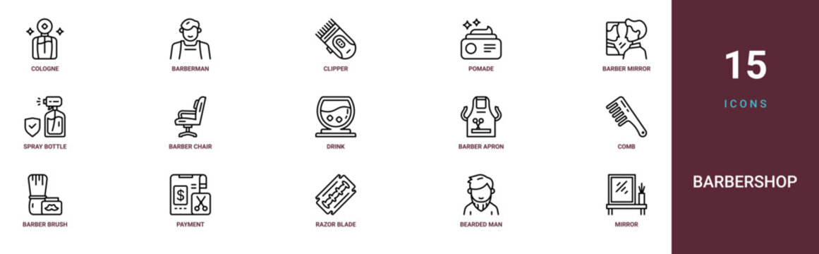 Set of 15 outline web Barbershop icons such as mirror, bearded man, razor blade, payment, barber brush, comb, barber apron vector icons for report, presentation, diagram, web design, mobile app
