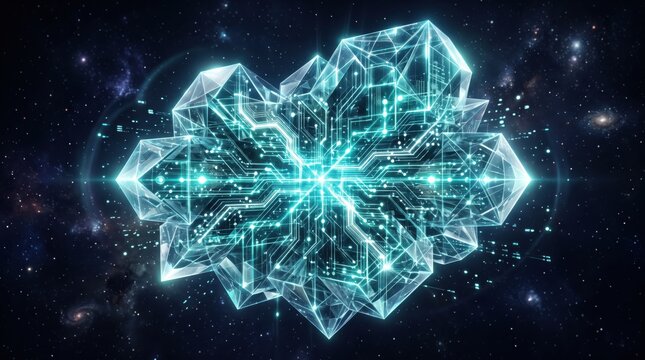 A futuristic glowing snowflake in a starry night sky with a digital circuit pattern
