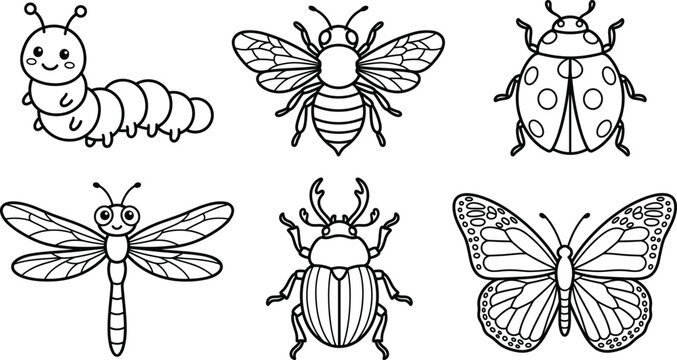Cute Insect and Bug Line Art Icon Set Featuring Butterfly, Honeybee, Ladybug, Caterpillar, Dragonfly, and Beetle Vector Coloring Elements