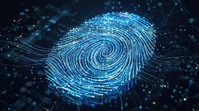 Digital fingerprint identification scan with glowing blue data lines background