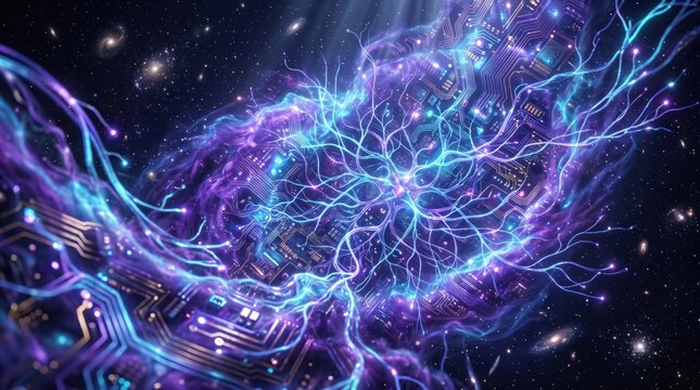 Digital neural network integrated with glowing circuit board in space