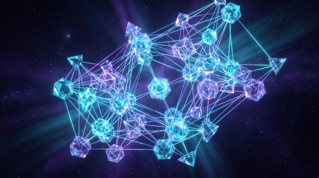 Abstract geometric molecular structure glowing with neon blue purple light