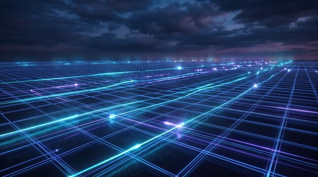 Digital network grid showing glowing data lines in dark landscape