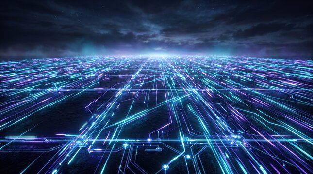 Digital circuit board background with glowing blue neon light lines