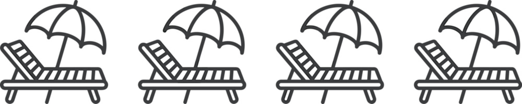Beach Lounge Chair and Umbrella Icon Set featuring Black and White Outline Illustrations of Sunbeds with Parasols for Summer Vacation and Resort Concept Isolated on WhiteBeach Lounge Chair and Umbrell