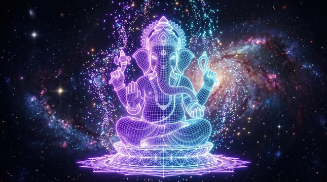 Ganesha deity wireframe hologram glowing in deep outer space background