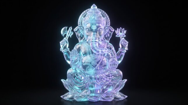 Glowing Ganesha statue with digital circuit patterns on black background