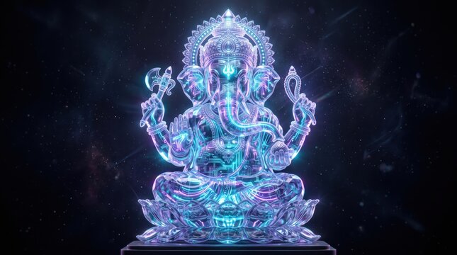 Glowing Ganesha statue with digital circuit patterns in dark space