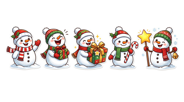 Set of cute Christmas snowmen with different emotions, waving, laughing, hugging gifts, holding candy canes and stars, isolated on white background, kawaii sticker style, clean composition, copy space