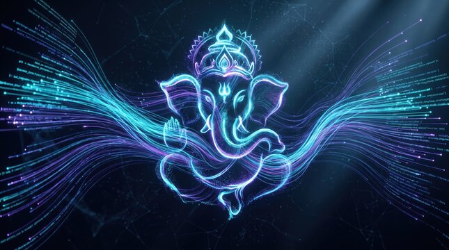 Glowing digital Ganesha deity illustration with abstract blue light streams