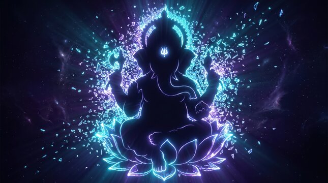 Lord Ganesha silhouette glowing with neon blue cosmic light energy