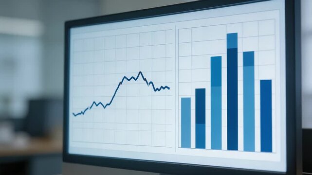 Focused medium shot of a monthly credit risk report on a digital dashboard emphasizing detailed charts and graphs with a blurred background.