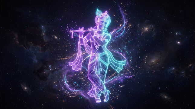 Lord Krishna wireframe illustration playing divine flute in deep space