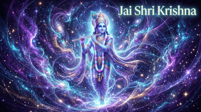 Lord Krishna playing flute amidst vibrant cosmic space galaxy background art