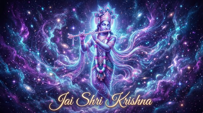 Lord Krishna playing flute in a vibrant glowing cosmic nebula background