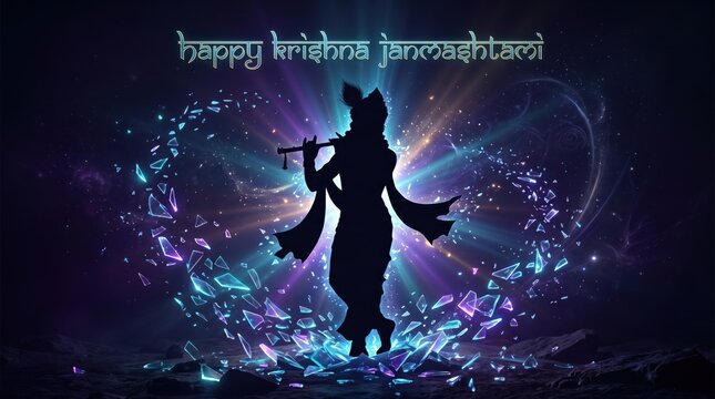Krishna Janmashtami greeting with flute silhouette and glowing neon shards