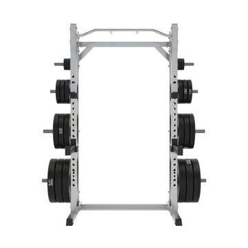 A modern, heavy-duty silver metal squat rack with black olympic weight plates, brightly lit in a clean, transparent studio environment. Professional fitness equipment concept