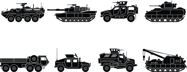 Obraz premium Military Vehicles Icon Set featuring Black Silhouette Glyph Symbols of Army Tanks Armored Personnel Carriers Trucks and Combat Transport Isolated on White Vector IllustrationMilitary Vehicles Icon Set