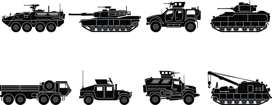 Military Vehicles Icon Set featuring Black Silhouette Glyph Symbols of Army Tanks Armored Personnel Carriers Trucks and Combat Transport Isolated on White Vector IllustrationMilitary Vehicles Icon Set