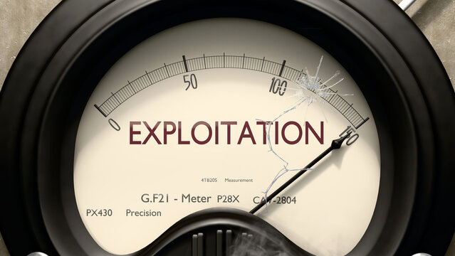 Exploitation meter showing high levels of exploitation. Dangerously increasing values of exploitation, critical overload. Too much, off the charts. Max exploitation ,3d illustration