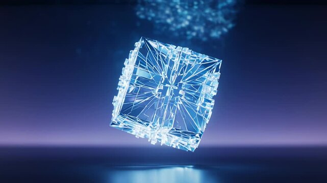 Floating crystalline snowflake rotating in dark space