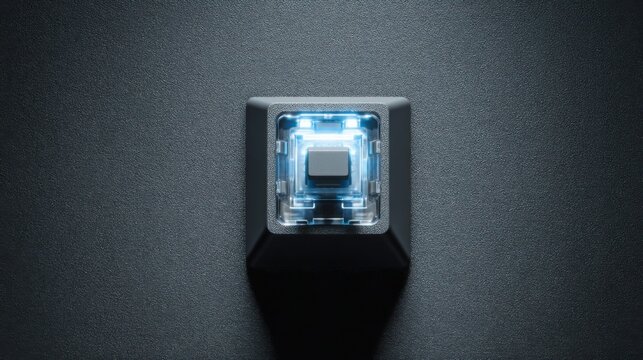 Single transparent mechanical keyboard keycap with illuminated switch beneath, matte charcoal background, futuristic workspace aesthetic, premium