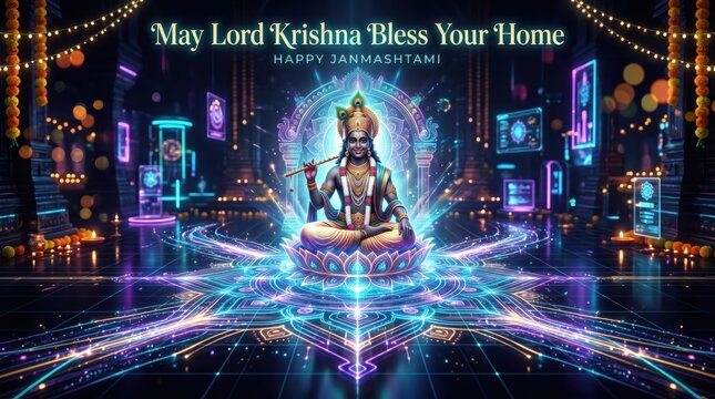Lord Krishna sitting on lotus flower for Hindu Janmashtami festival celebration