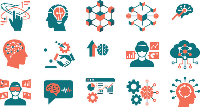 Artificial intelligence and futuristic technology flat icon set with machine learning brain, VR headset, network mesh, and smart automation symbols