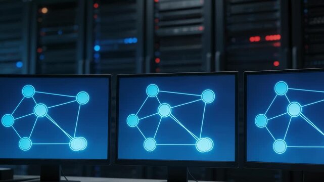 Focused shot of multiple monitors showing blockchain transaction nodes with blurred outoffocus server cabinets in the background for central bank testing.
